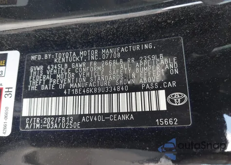 2009 Toyota Camry z USA, uszkodzony, nr VIN 4T1BE46K89U334840